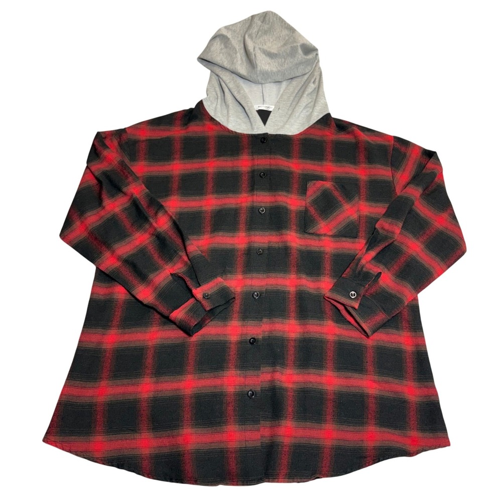 Hotouch Hooded Flannel Shirt Womens XL Red Black Plaid Button Up Long Sleeve